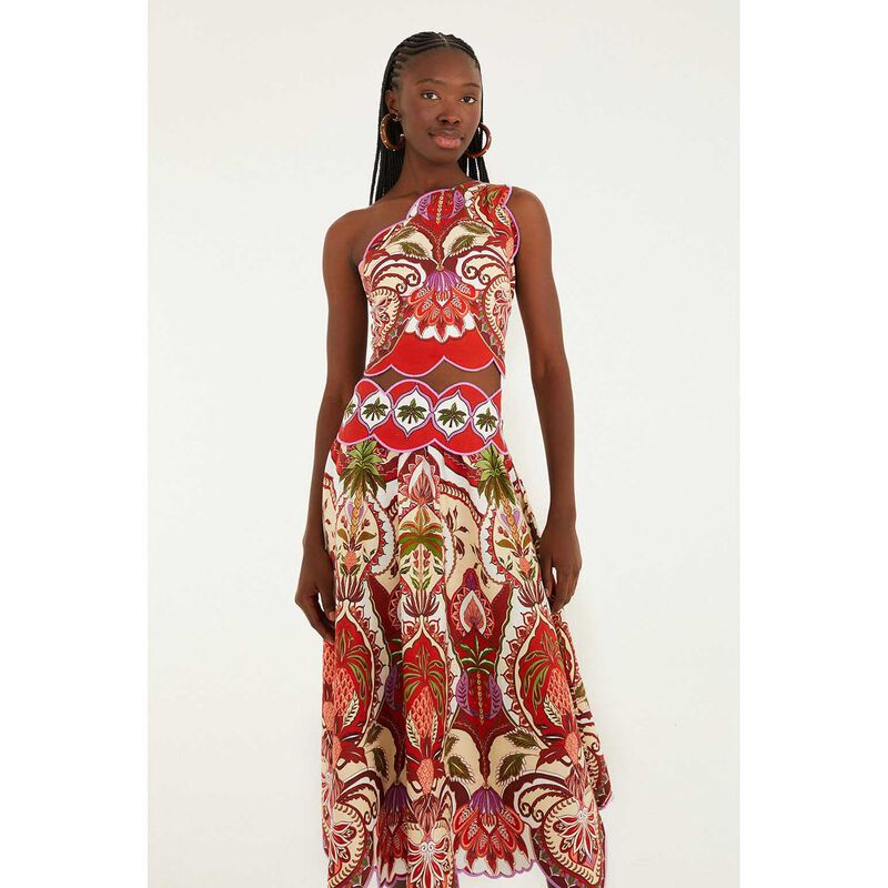 FARM Rio Odara Red Scallops Midi Skirt image number 2